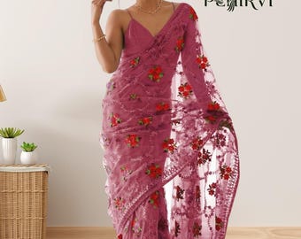 Stylish Net Saree for Women, Embroidery Sequence Work Readymade wedding Party wear Sari