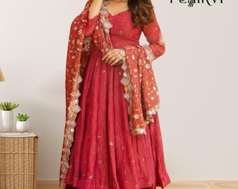 Simmer Silk Anarkali Dress, Embroidered Sequence Work, Pakistani Indian Wedding Wear
