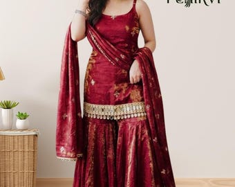 Fendy Silk Kurta Palazzo-set met borduurreeks en spiegelwerk, Pakistaans eid-kostuum bruiloft