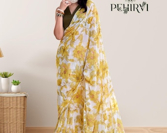 Sari floral en georgette avec dentelle nacrée, sari de mariage indien