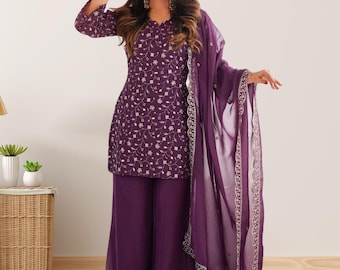 Designer Crunchy Silk Embroidered Salwar Kameez Suit Dupatta Set Wedding Partywear Dress, kurta Palazzo