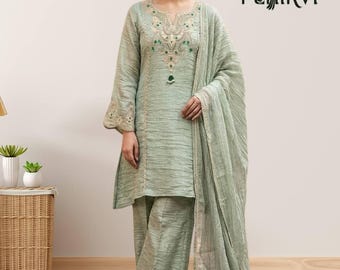 Pista Green Salwar Kameez Set, Embroidered Kurta Palazzo Set, Pakistani Sharara Suit, Wedding Guest Outfit, Festive Partywear