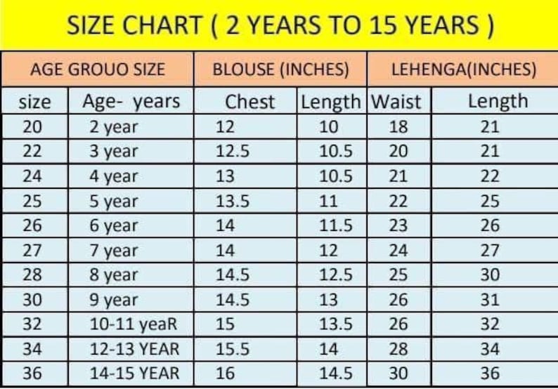 May include: A size chart for children's clothing, detailing blouse and lehenga measurements in inches for ages 2 to 15 years. The chart includes chest, length, and waist measurements for various sizes.