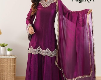 Purple Salwar Kameez Set for Women, Embroidered Indian Suit, Kurta Palazzo Suit, Pakistani Outfit, Wedding Guest Dress, Festive Ethnic Wear