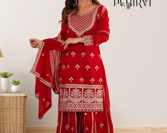Red Salwar Kameez Suit, Kurta Palazzo Sharara Suits, Pakistani Dress, Indian Wedding Wear