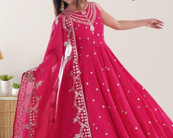 Pink Anarkali Dress, Roman Silk, Embroidery Sequence , Indian Wedding Party Suits, Pakistani Eid Special