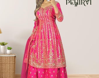 Pink Satin Silk Embroidery Sequence Salwar Kameez Women, Sharara Suits, Partywear Salwar Suits, Readymade Stitched Dress, Pakistani Eid Suit