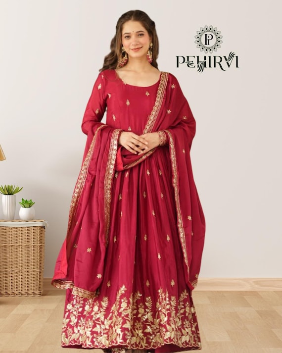 chiffon anarkali dress with dupatta Libas Rama Printed Silk Chiffon Anarkali Suit Set With Dupatta
