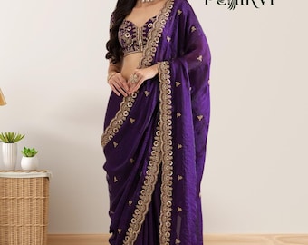 Saree en soie violette élégant pour femme, Chemisier sari, Saree de travail en séquence de broderie, Nouveau sari, Tenue de soirée pour mariage, Saree pour fille, Sari