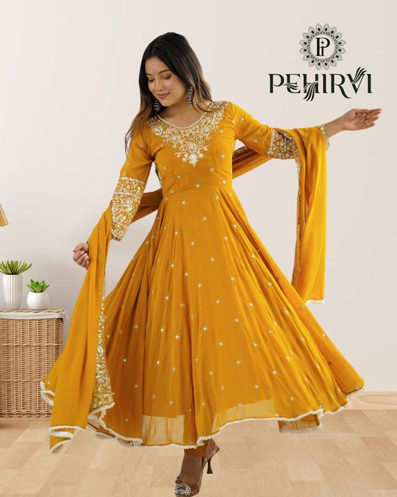 designer dress anarkali Georgette Suit for Women Readymade Gown Stitched Salwar Suit Wedding Party Color:Neon Pink/Nude chinese dress Details for Designer Anarkali Sparkling Navy Sequin Beaded Blue
