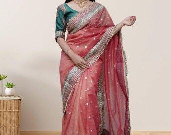 Red Saree For Women, Readymade Saree Stitched Blouse, Indian Wedding Wear, Sari With Lace