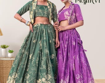 Tussar Silk Floral Print Lehenga Choli Set mit Koti - Indische Hochzeit Party Wear
