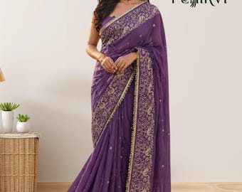 Stylish Georgette Embroidery sequence saree for women Indian Wedding Partywear Sari Blouse