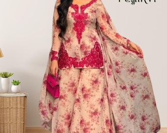 Elegante traje pakistaní de salwar con estampado floral para mujer, traje de kurta palazzo de diseñador, conjunto de kurta bordado con dupatta, atuendos étnicos para fiestas.