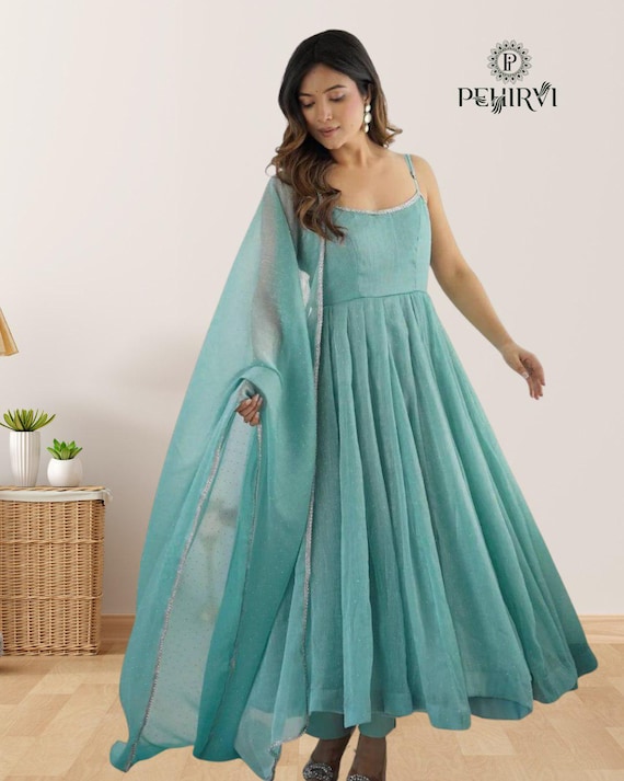 slim fit dress slacks Aqua Blue Festival Special Anarkali Suit Set main image 1