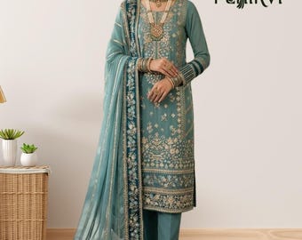 Türkisfarbener pakistanischer Salwar Kameez für Damen, bestickter gerader Anzug, indisches Hochzeitsgastkleid, Outfit für das Eid-Fest, Designer-Partykleidung