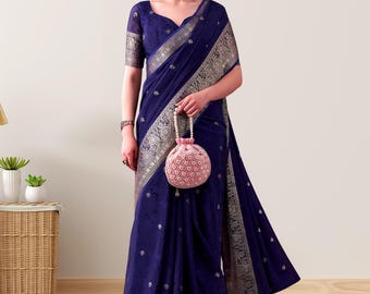 Designer Chinnon Silk Saree With Blouse Zari Weaving Work Sari Wedding Partywear Indian Saree