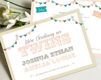 Invitaciones imprimibles para bautizo de gemelos en formato JPEG o PDF.