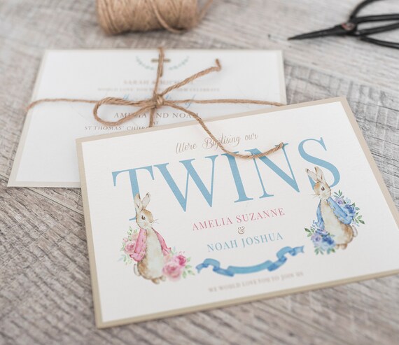 Peter Rabbit Twin Christening Invite | DOWNLOAD or Printed |  Twin Baptism | Twin Naming Ceremony | Twin Invite | Neutral Twin Invite