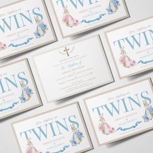 Puede incluir: Cinco tarjetas de color beige claro con ilustraciones de conejos en acuarela azul y rosa. Las tarjetas anuncian el bautizo de los gemelos, Amelia Suzanne y Noah Joshua. El texto "Were Baptizing our Twins" est&aacute; escrito en azul en cada tarjeta. Una tarjeta es una invitaci&oacute;n al bautizo con el texto "The Baptism of Amelia and Noah" en fuente marr&oacute;n.