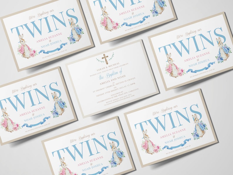 Puede incluir: Cinco tarjetas de color beige claro con ilustraciones de conejos en acuarela azul y rosa. Las tarjetas anuncian el bautizo de los gemelos, Amelia Suzanne y Noah Joshua. El texto "Were Baptizing our Twins" est&aacute; escrito en azul en cada tarjeta. Una tarjeta es una invitaci&oacute;n al bautizo con el texto "The Baptism of Amelia and Noah" en fuente marr&oacute;n.