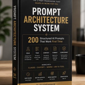 May include: A black hardback book titled Prompt Architecture System with gold and white text. The cover features the subtitle The 5-Part Framework That Makes AI Work For You, 200 Structured AI Prompts That Work First Time, and TheWealthEmpire.AI.