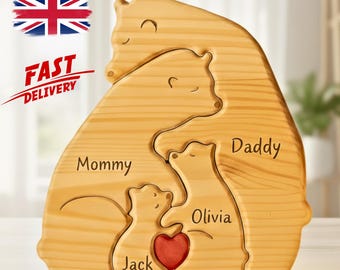 Rompecabezas personalizado de ositos de madera con la familia / Regalo personalizado con nombre familiar grabado / Decoración rústica para el hogar / Regalo para baby shower / Recuerdo familiar