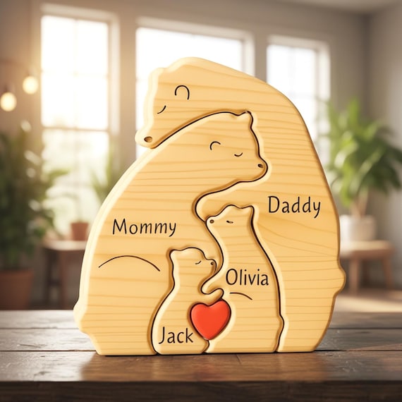 Rustic engraved bear-family puzzle where each bear is customized per family member — a clever, tactile family portrait that sits on a shelf.