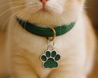 Glitter Paw Print Pet ID Tag with Ring – Personalized Dog Tag – Cute Cat Tag – Engraved Pet Collar Charm – Small Paw Tag for Dogs & Cats