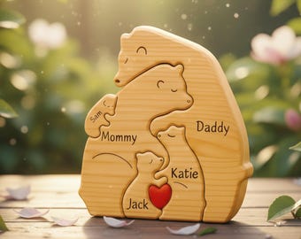 Rompecabezas personalizado de ositos de madera con la familia / Regalo personalizado con nombre familiar grabado / Decoración rústica para el hogar / Regalo para baby shower / Recuerdo familiar