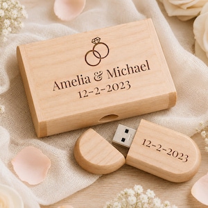 Personalized Oval Wooden USB Drive, Engraved Memory Stick Box, Wedding Photo Storage Keepsake, Custom Photographer Client Gift Ideas