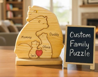Rompecabezas personalizado de ositos de madera con nombre grabado, decoración rústica para el hogar, recuerdo para baby shower, adorno único para la habitación del bebé con temática de bosque.