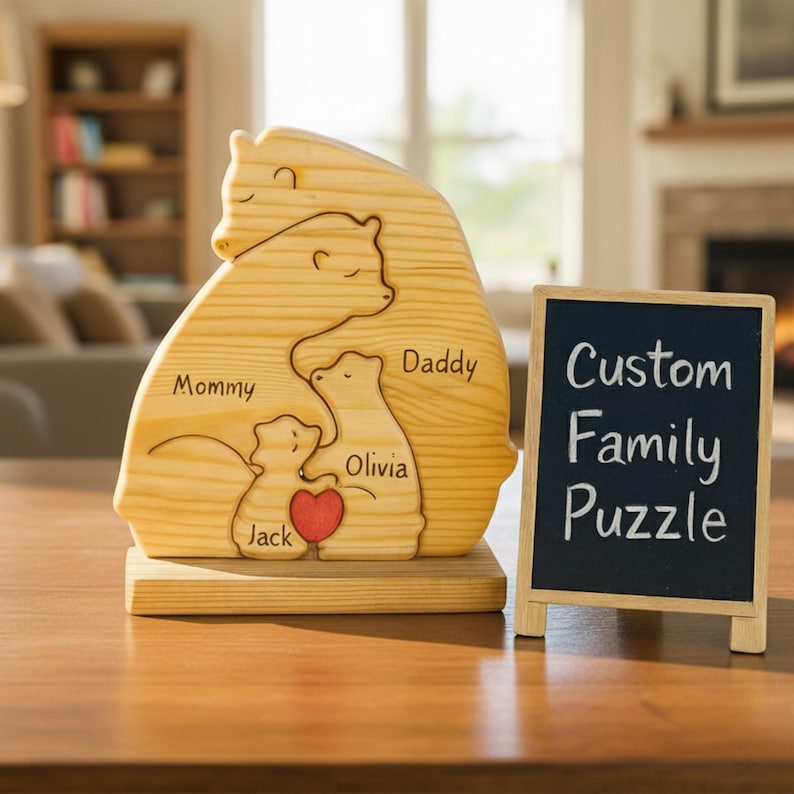 Puede incluir: Un rompecabezas familiar de madera con forma de osos, con los nombres "Mommy", "Daddy", "Olivia" y "Jack" grabados. Un coraz&oacute;n rojo est&aacute; entre Olivia y Jack. Una peque&ntilde;a pizarra dice "Custom Family Puzzle".