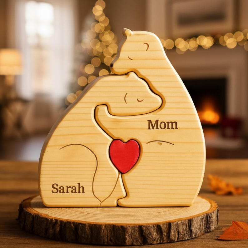 Puede incluir: Rompecabezas de madera con forma de oso con un coraz&oacute;n rojo y las palabras "Mom" y "Sarah" grabadas. El rompecabezas est&aacute; hecho de madera de color claro y se asienta sobre una base de rodaja de madera. El dise&ntilde;o representa dos osos abraz&aacute;ndose.