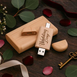 Może przedstawiać: Drewniany pendrive z wygrawerowanym napisem "Wedding Day", obok drewnianego etui i drewnianej nasadki. Pendrive jest jasnobrązowy, ze srebrnym złączem USB. Tło zawiera płatki róż i zieleń.