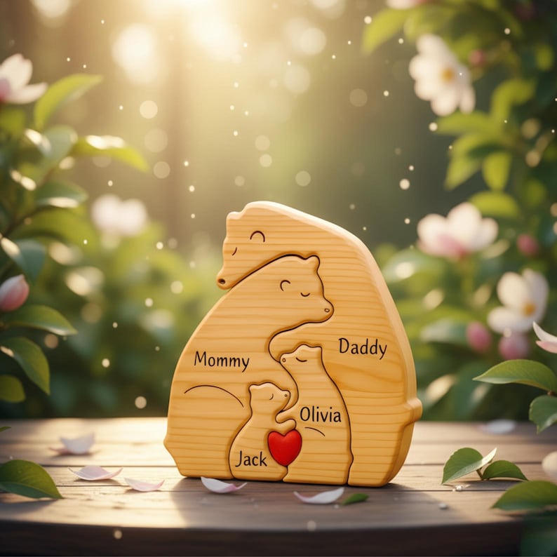 Puede incluir: Rompecabezas de madera de una familia de osos con las palabras "Mam&aacute;", "Pap&aacute;", "Olivia" y "Jack". Un coraz&oacute;n rojo est&aacute; en el centro. El rompecabezas est&aacute; sobre una superficie de madera con un fondo borroso de vegetaci&oacute;n y flores.