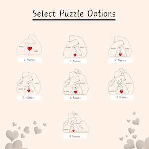 Puede incluir: Una selecci&oacute;n de opciones de rompecabezas personalizados con ilustraciones de familias de osos. Cada dise&ntilde;o muestra un n&uacute;mero diferente de osos, de dos a ocho, con espacio para nombres y un coraz&oacute;n rojo. El texto "Select Puzzle Options" est&aacute; en la parte superior.