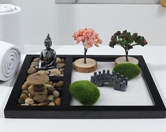 Japanese Zen Garden Mini Sand Tray | Tabletop Meditation Kit with Bridge | Miniature Buddha Decor for Office & Home Relaxation