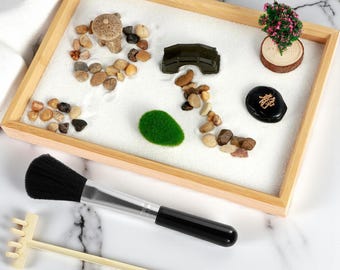 Zen Garden Kit DIY | Japanese Sand Tray with Rake, Tree & Stones | Mini Desktop Meditation Garden | Stress Relief Office Gift