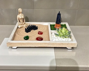 Japanese Zen Garden Sand Table with Mini Buddha | Desktop Zen Garden Tray Decor | Meditation, Relaxation & Office Home Decor