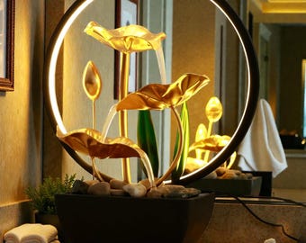 Fontana da tavolo con luce ad anello a LED / Cascata da interno alimentata tramite USB / Decorazione da scrivania per meditazione Zen e regalo di relax