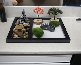 Japanese Zen Garden Sand Table with Mini Buddha | Desktop Zen Garden Tray Decor | Meditation, Relaxation & Office Home Decor