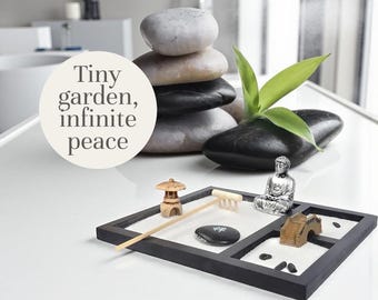 Wooden Desk Zen Garden | Tabletop Sand Tray Kit with Accessories | Mini Japanese Meditation Decor for Office & Home Gift