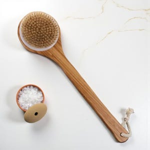 Natural Boar Bristle Body Brush with Long Handle | Dry & Wet Back Scrubber | Bamboo Bath Exfoliating Brush | Spa Self Care Gift