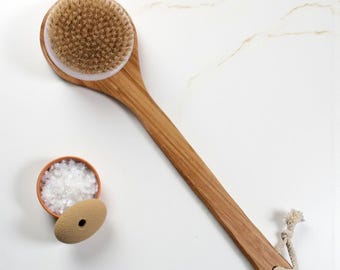 Natural Boar Bristle Body Brush with Long Handle | Dry & Wet Back Scrubber | Bamboo Bath Exfoliating Brush | Spa Self Care Gift