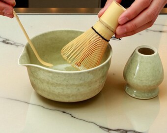 Ceramic Matcha Set: Tea Ceremony Gift, Ceramic Bowl & Bamboo Whisk