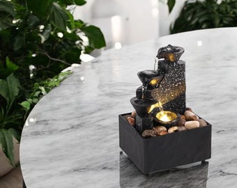 Tabletop Waterfall Fountain with LED Lights | Zen Meditation Desk Decor, Relaxation Indoor Water Feature Gift for Home & Office
