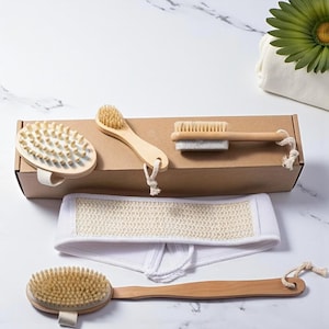 5PCS Natural Bristle Body Brush Set | Dry & Wet Skin Exfoliating Brush | Spa Bath Massager | Self Care, Relaxation Tools