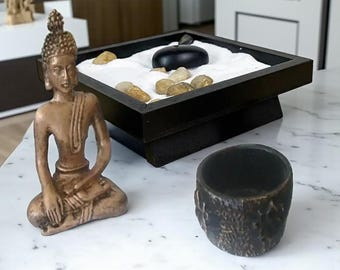 Zen Garden Set with Buddha Statue & Tealight Holder | Meditation Décor for Home, Office, Yoga Studio, Spiritual Gift
