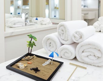 Japanese Zen Sand Garden Kit | Mini Tabletop Meditation Decor with Tray, Sand, Rocks & Rake | Desk Zen Garden Gift for Office
